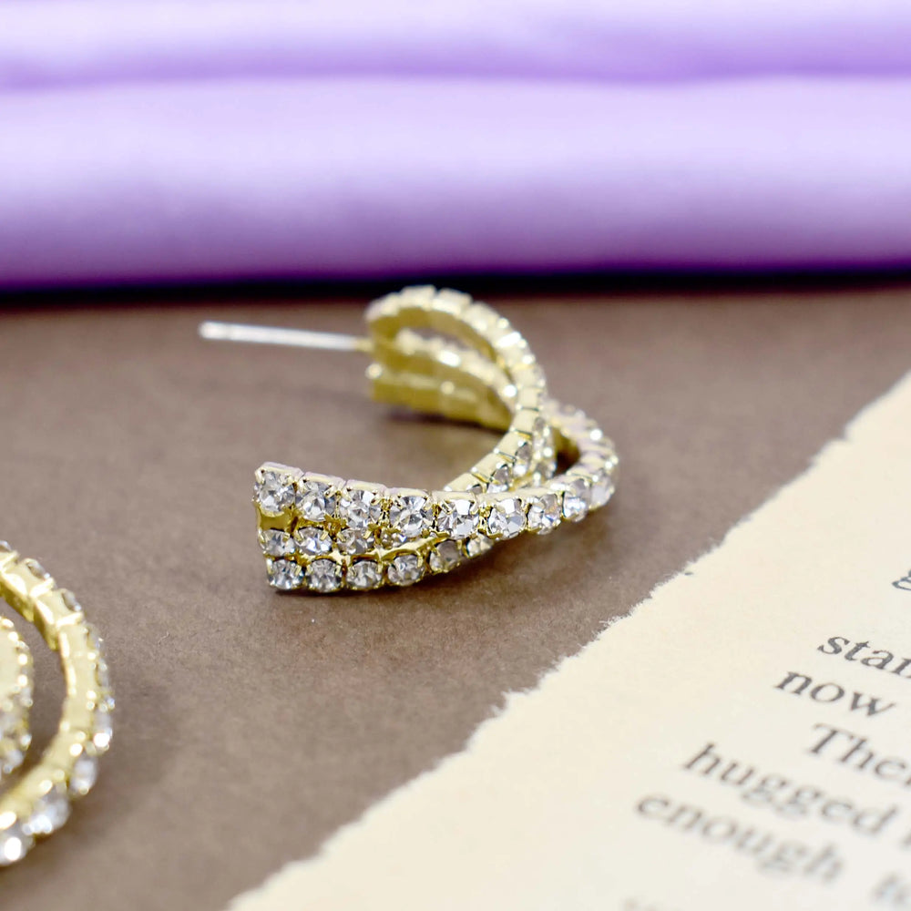 Crystal criss-cross double hoop gold earrings