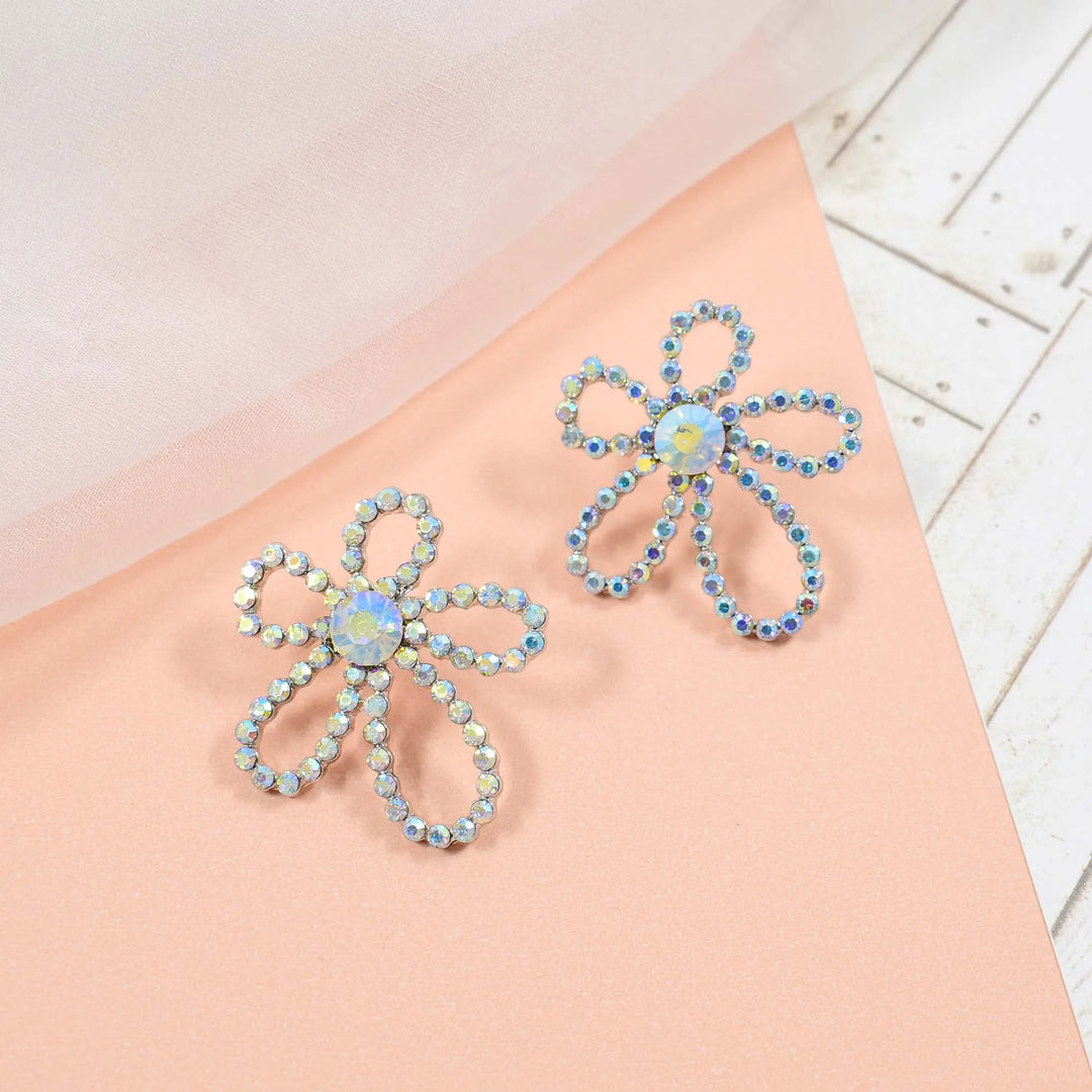 Crystal flower asymmetric petals statement earrings