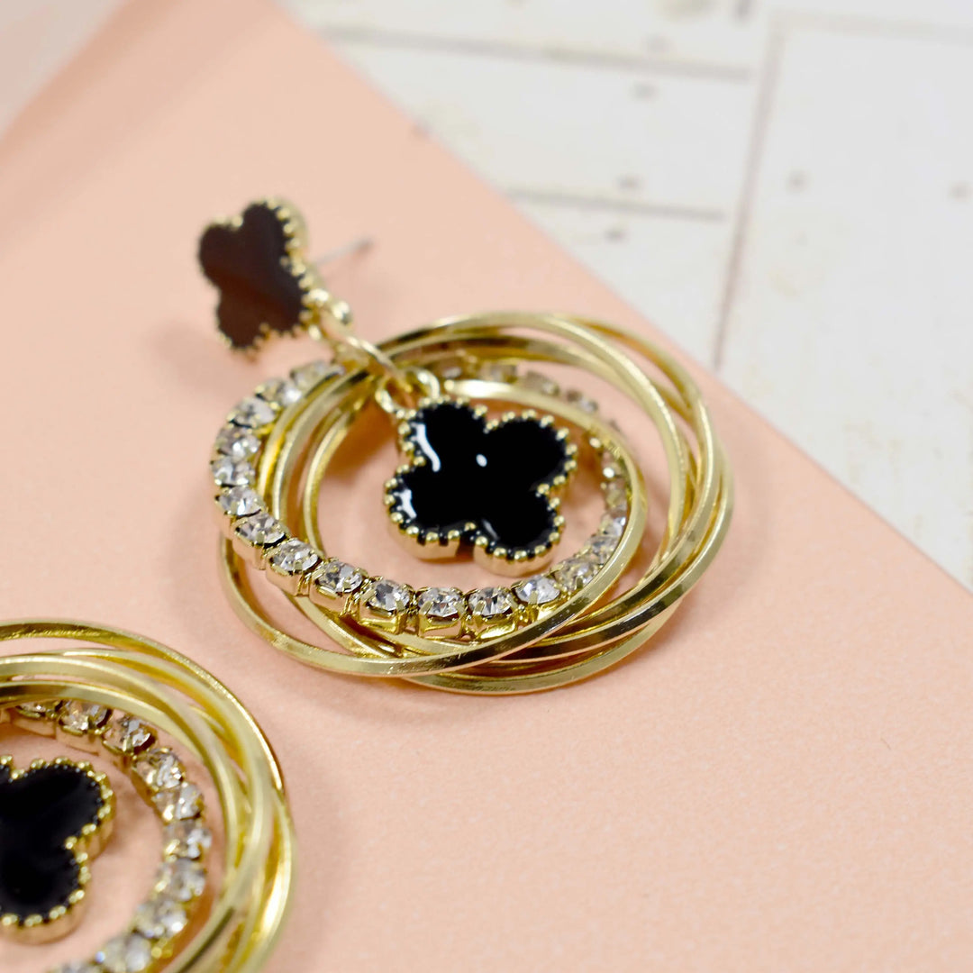 Crystal hoops black clubs charm golden earrings