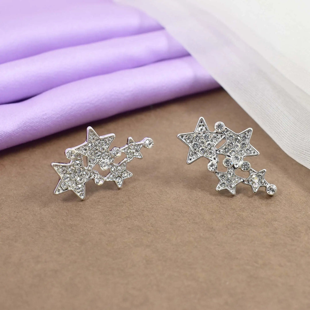 Crystal studded 4 star silver earrings