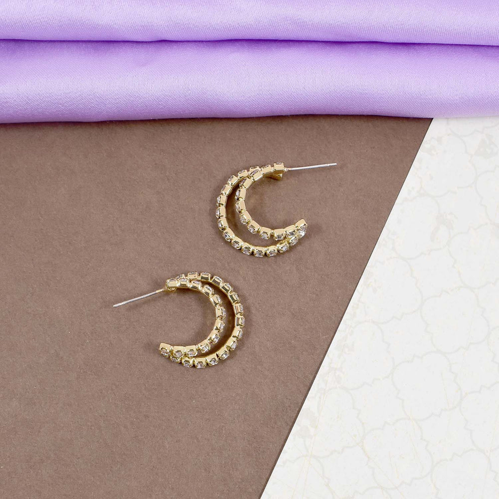 Crystal studded double hoop gold earrings