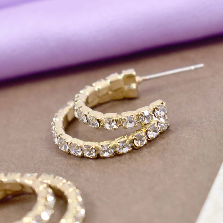 Crystal studded double hoop gold earrings