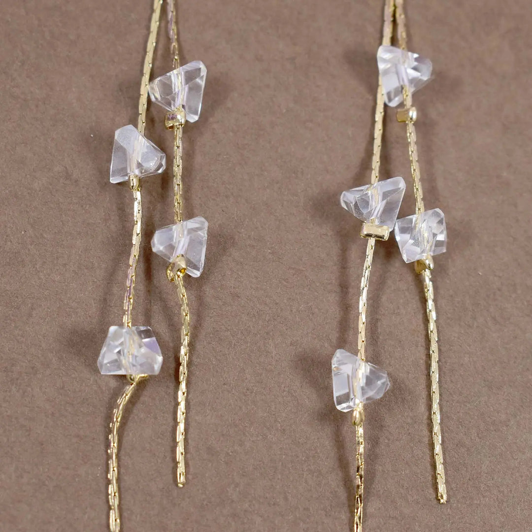 Crystal tassel long gold earrings