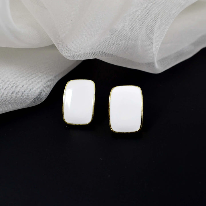 Curved White Shine Gold Lined Studs Earrings