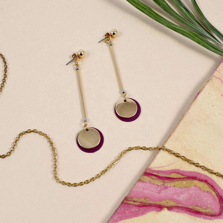 Burgundy Gold Long Drop Earrings