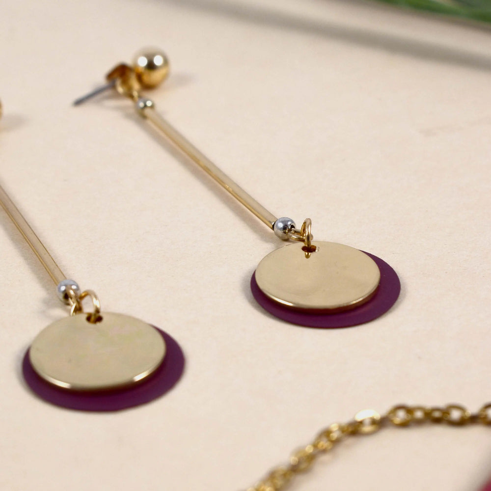 Burgundy Gold Long Drop Earrings