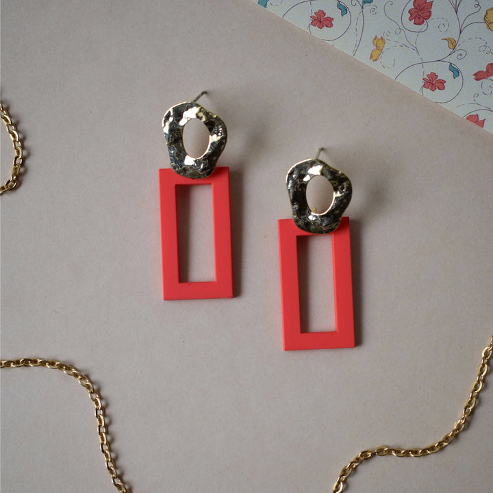 Geometric Neon Red Gold Drop Statement Earrings