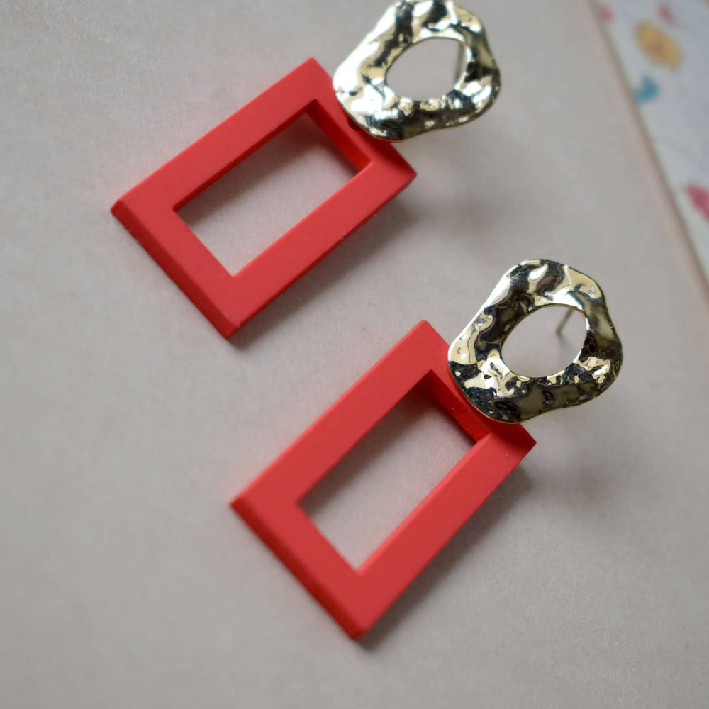 Geometric Neon Red Gold Drop Statement Earrings