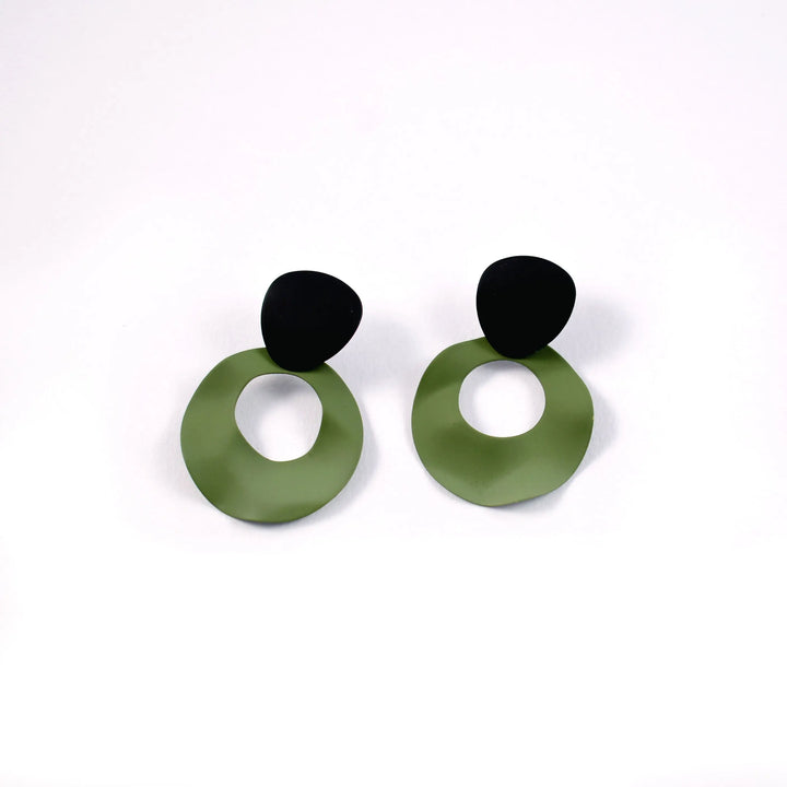 Geometric Curved Green and Black Drop Earrings