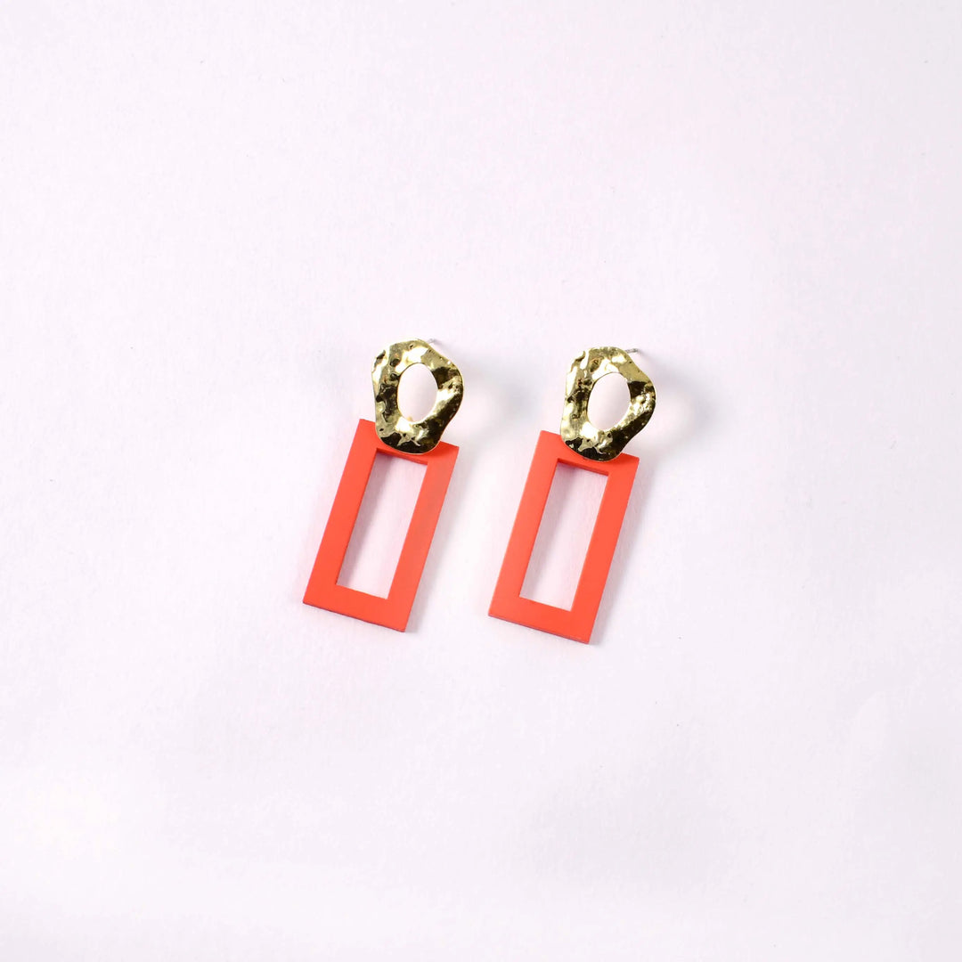 Geometric Neon Red Gold Drop Statement Earrings