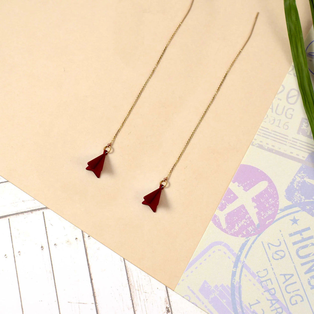 Pyramid Threader Pull-out Drop Earrings - Burgundy