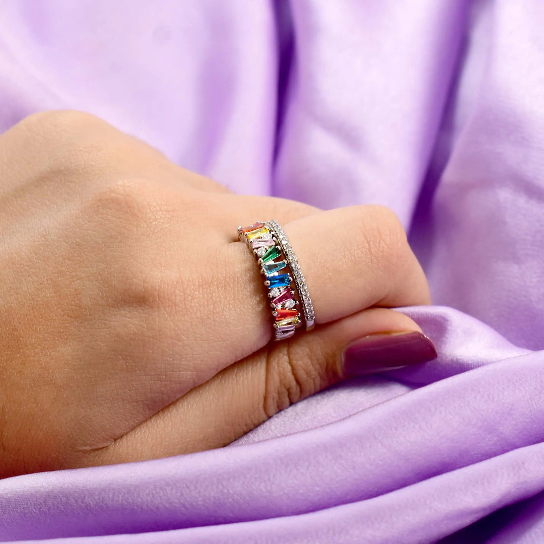 Multicolor stacked illusion silver ring