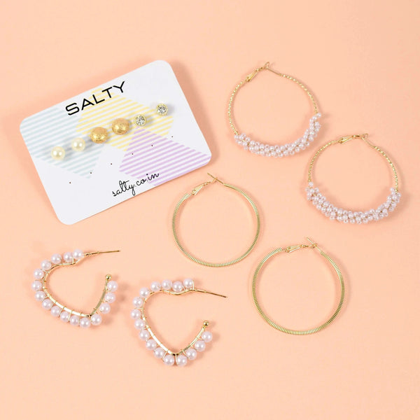 Set of 6 Pearl Hoop Round Heart Earrings and Studs