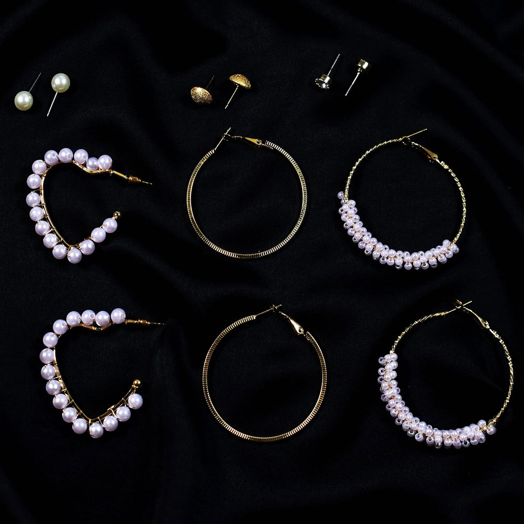 Set of 6 Pearl Hoop Round Heart Earrings and Studs