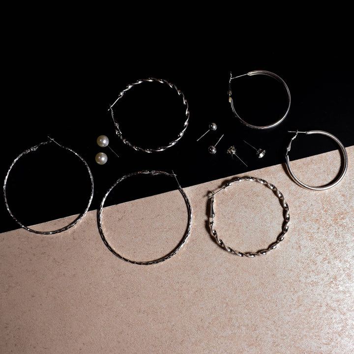 Set of 6 Round Circle Hoop Textured Earrings - Silver with Rhinestone and Pearl Studs