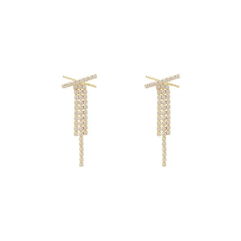 Diamond X Long Tassel Studded Drop Earrings