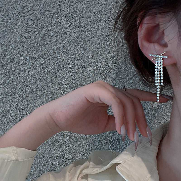 Diamond X Long Tassel Studded Drop Earrings