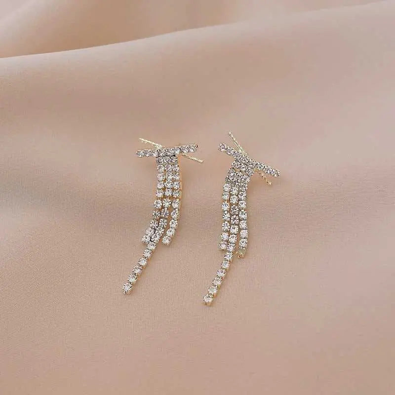 Diamond X Long Tassel Studded Drop Earrings