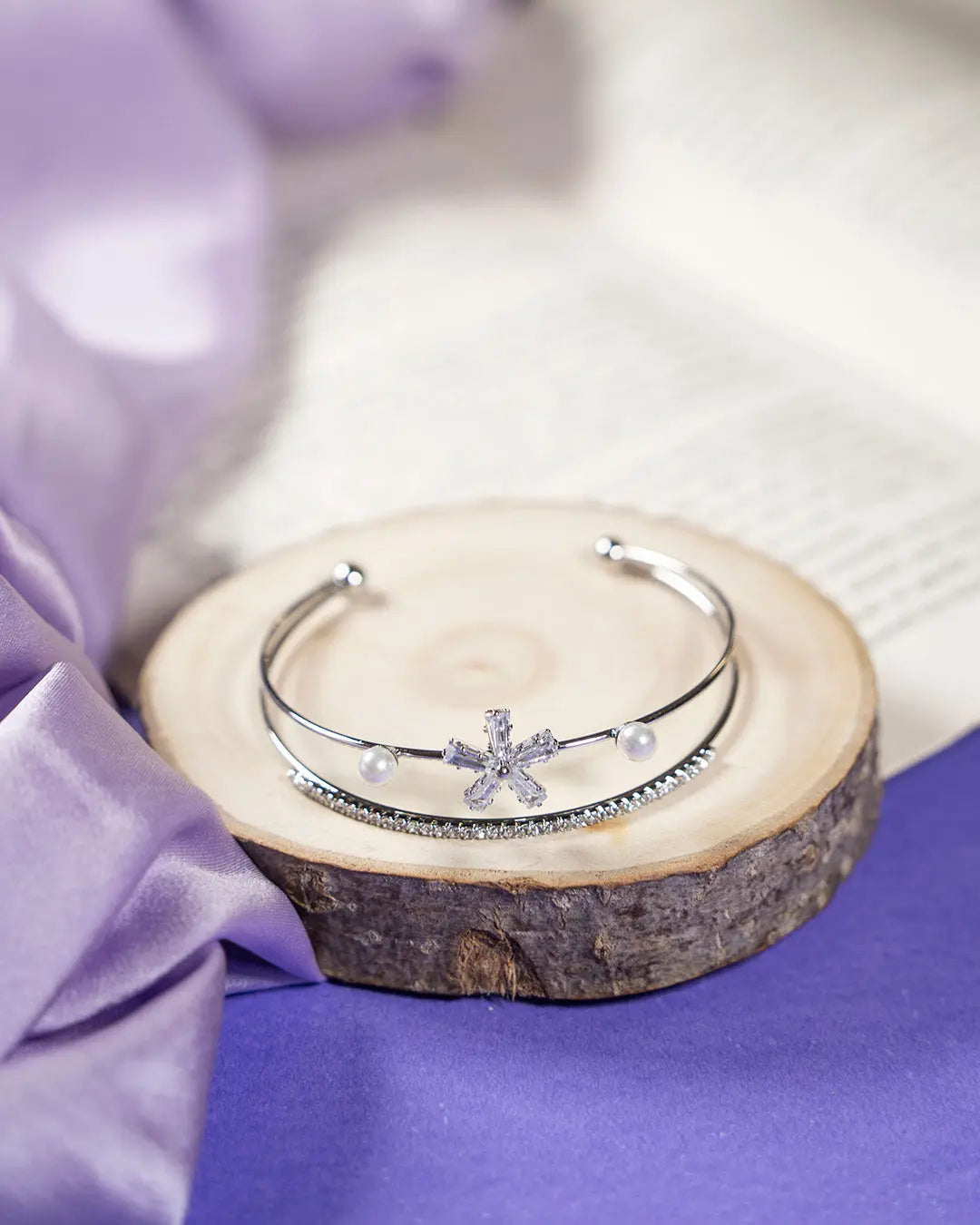 Double Layer Floral Crystal Bracelet- Silver