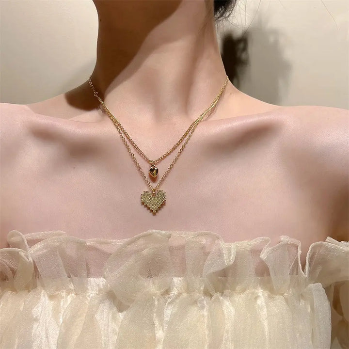 Double Layered Pixlate Gold Heart Necklace