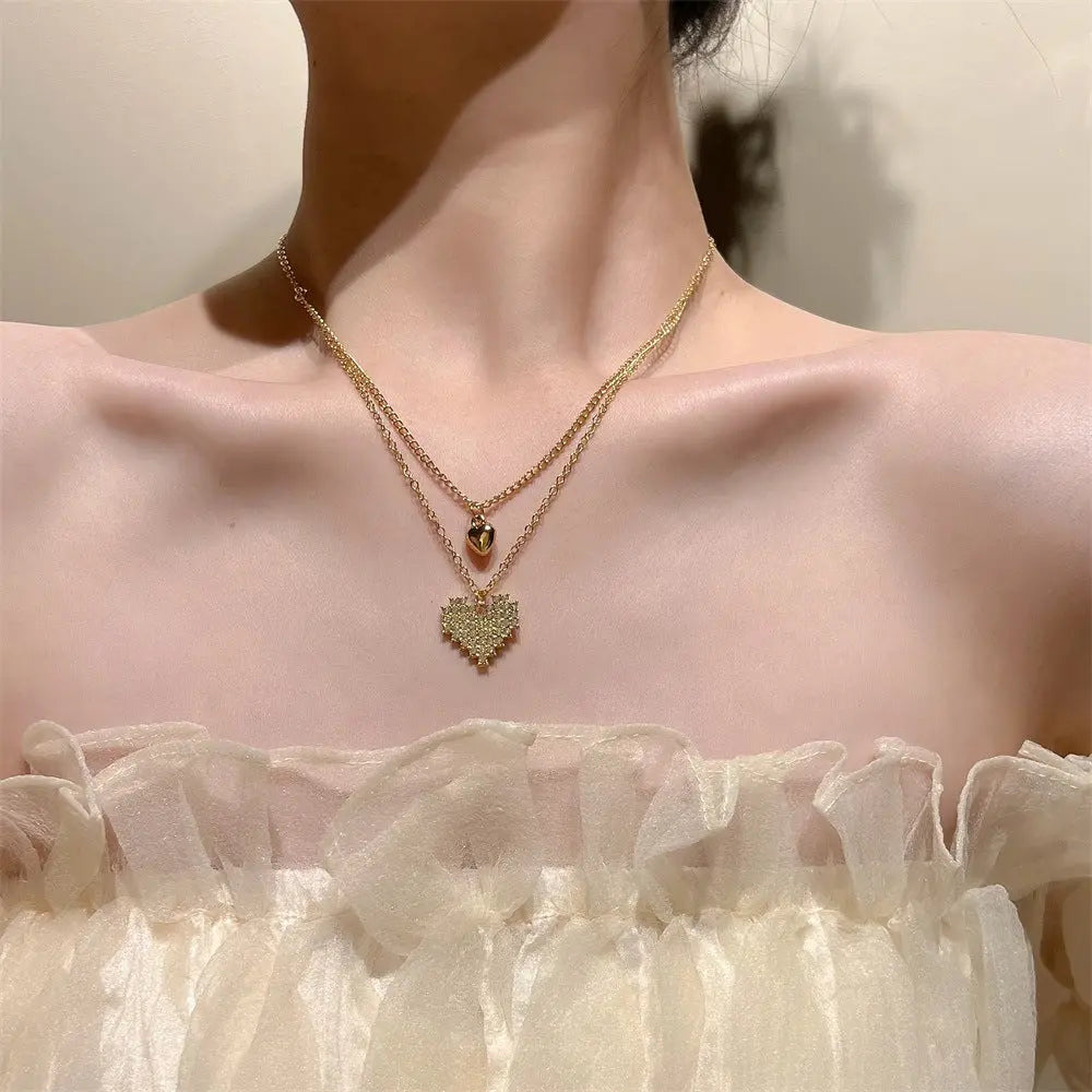 Double Layered Pixlate Gold Heart Necklace