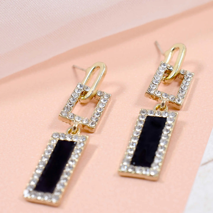 Double rectangle crystal border black golden earrings