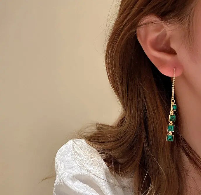 Emerald Gemstone Threader Tassel Drop Earrings
