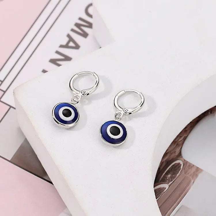 Evil Eyes Silver Brim Wind Drop Earrings - Dark Blue