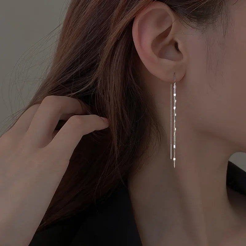 Exaggerated Shine Silver Tassel Threader Earrings