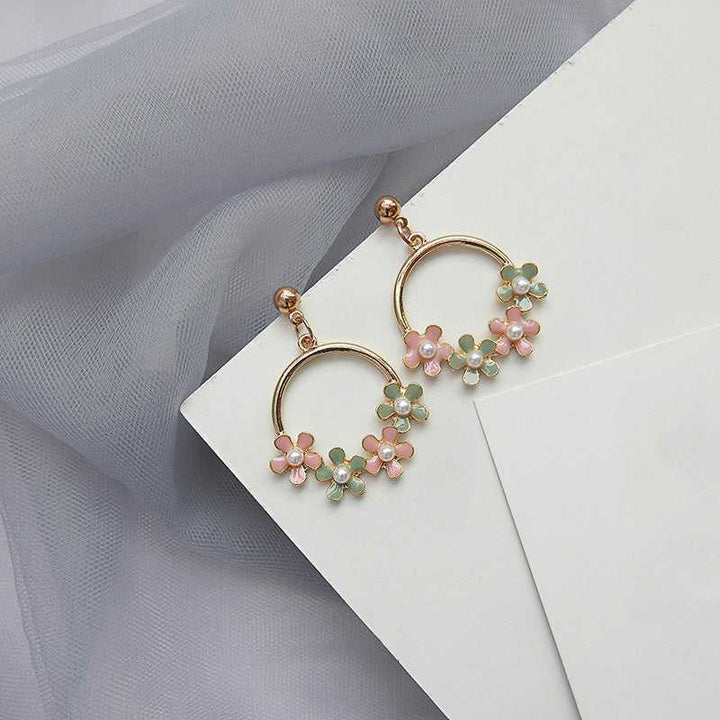 Flower Pearl Pink Green Drop Hoop Stylish Earrings