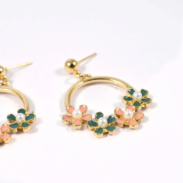 Flower Pearl Pink Green Drop Hoop Stylish Earrings