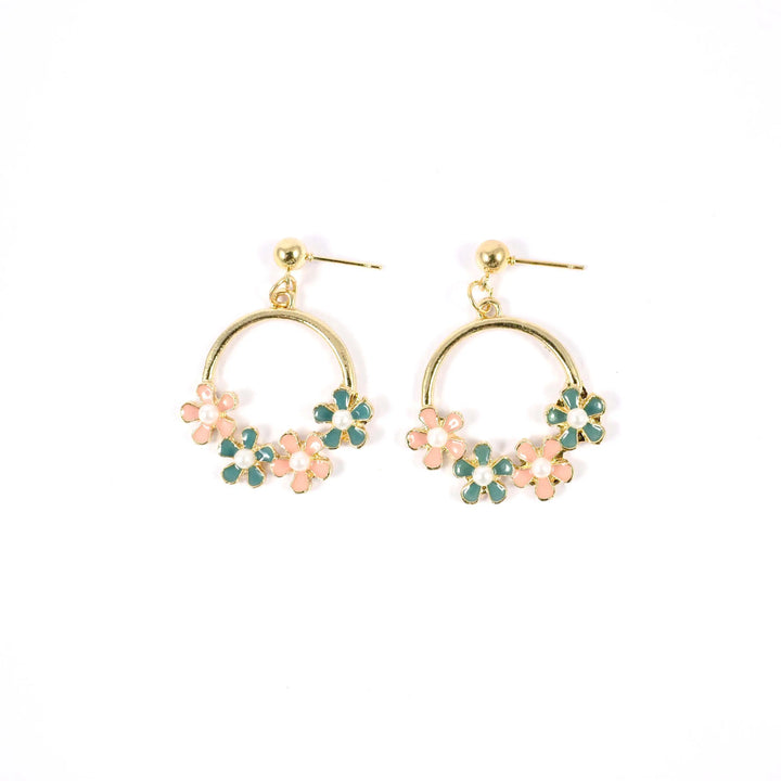 Flower Pearl Pink Green Drop Hoop Stylish Earrings