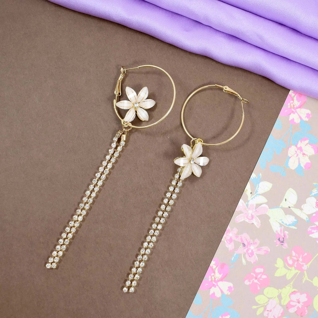 Flower hoop chain drop gold earrings