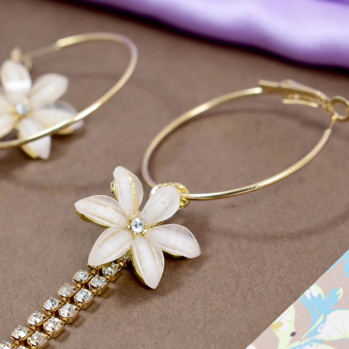Flower hoop chain drop gold earrings