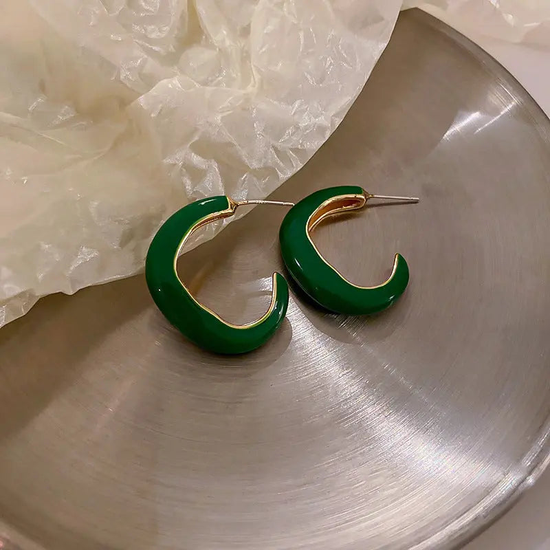 Glossy Enamel Stainless Steel Earrings - Green