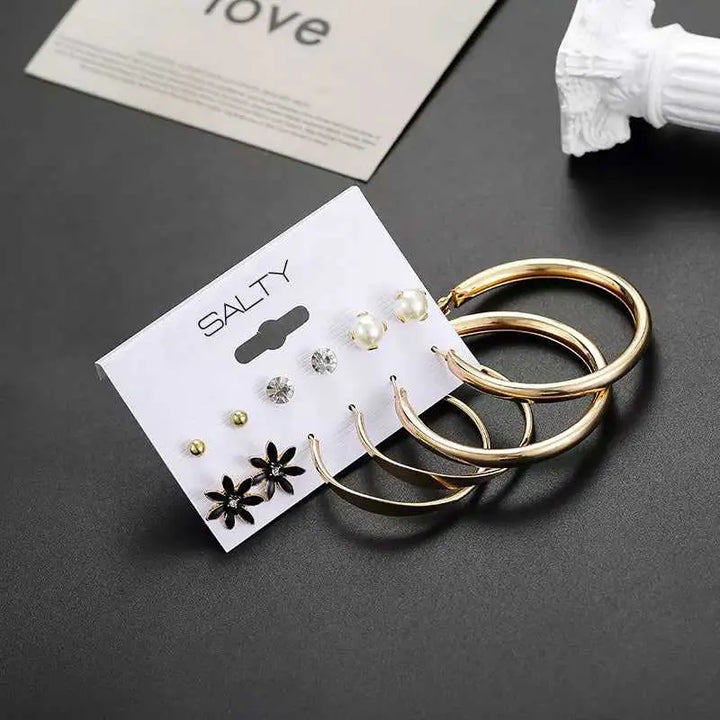Set of 6 Gold Chunky Classy Hoops with Black Studs