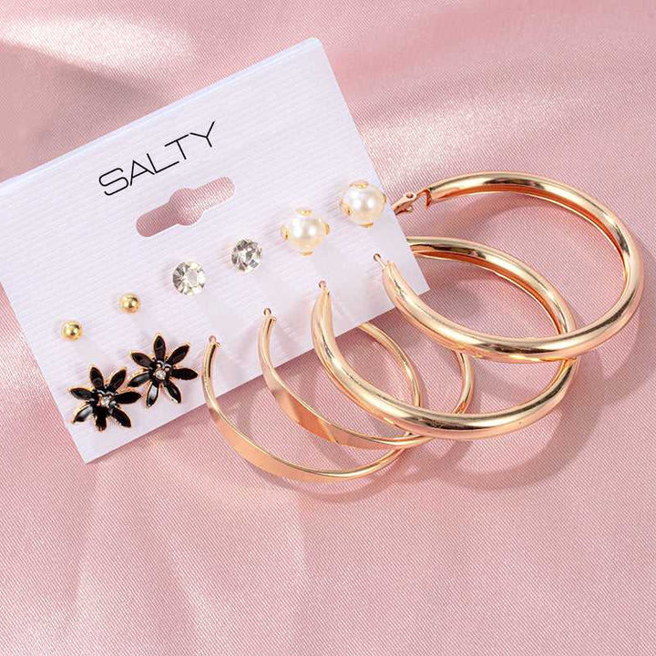 Set of 6 Gold Chunky Classy Hoops with Black Studs
