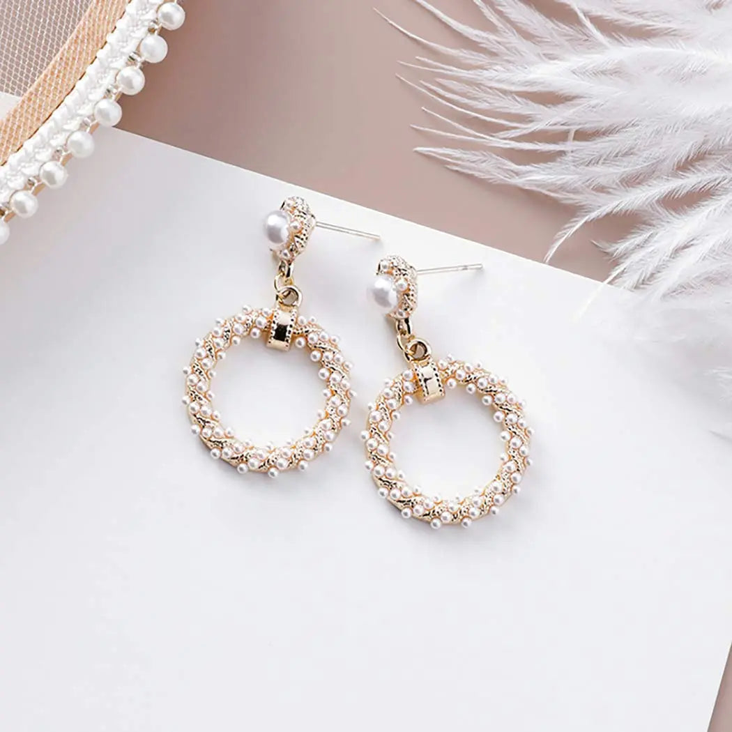 Gold Circle Twisted Pearl Drop Earrings