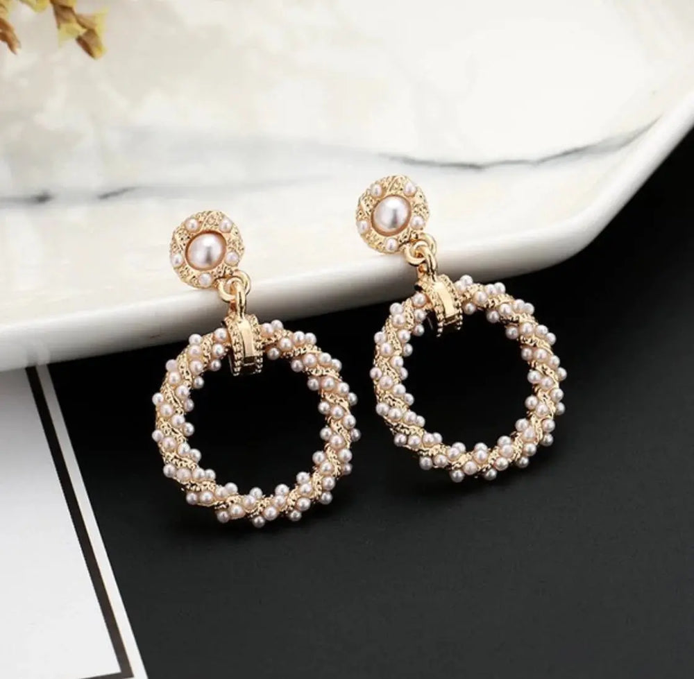 Gold Circle Twisted Pearl Drop Earrings