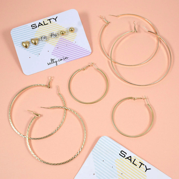 Set of 6 Gold Flat and Textured Hoops with Heart Studs