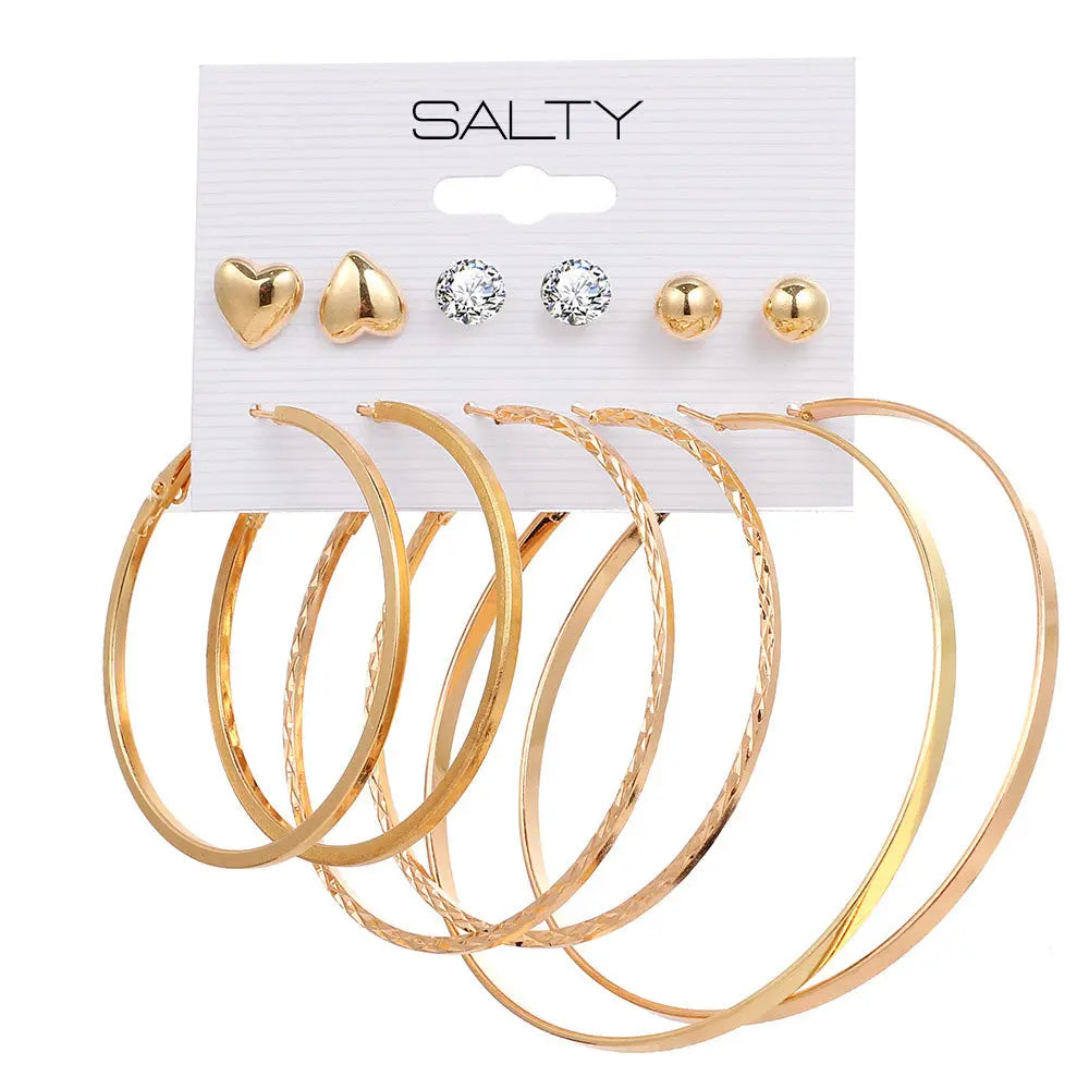 Set of 6 Gold Flat and Textured Hoops with Heart Studs