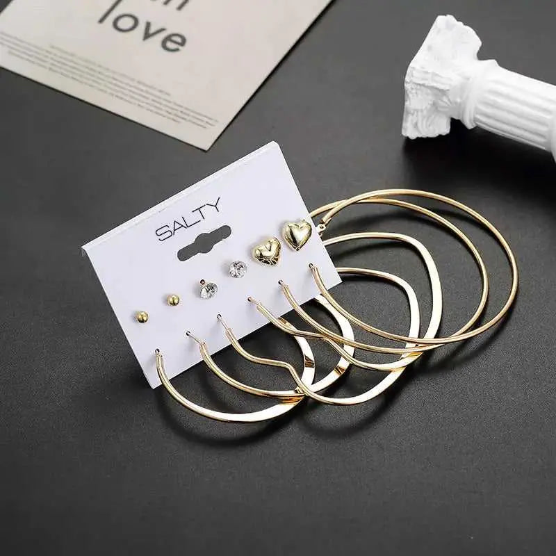 Set of 6 Gold Heart Round Hoops with Heart Studs
