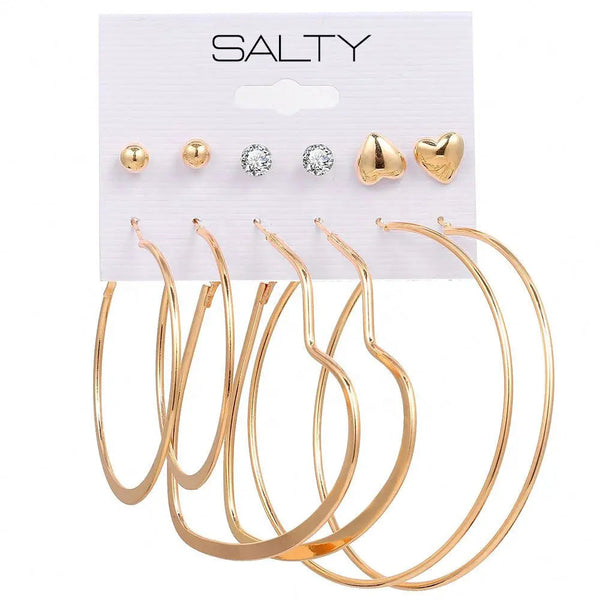 Set of 6 Gold Heart Round Hoops with Heart Studs
