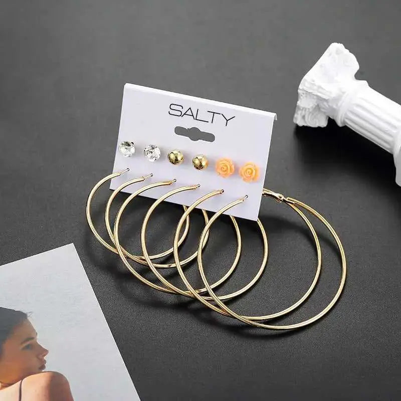 Set of 6 Gold Round Hoops with Flower Studs - Multiple sizes