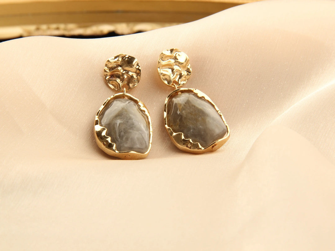 Gold plated Resin Gemston Pendant Earrings - Pewter