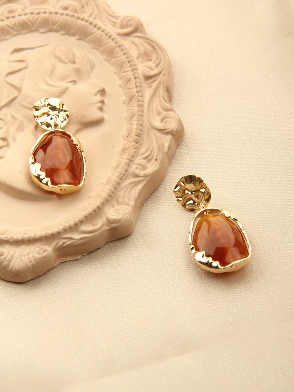 Gold plated Resin Gemston Pendant Earrings - Rosewood