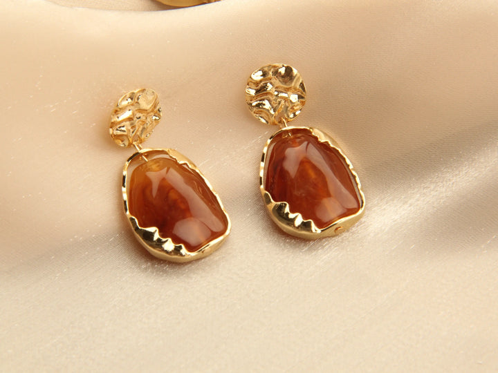 Gold plated Resin Gemston Pendant Earrings - Rosewood