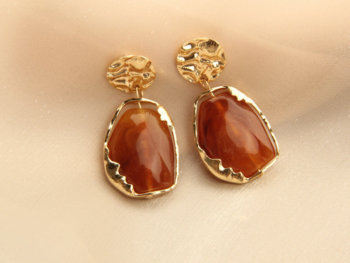 Gold plated Resin Gemston Pendant Earrings - Rosewood