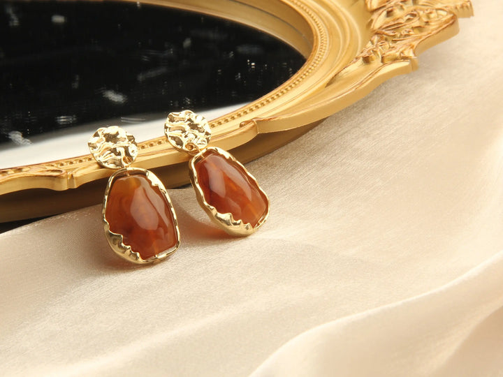 Gold plated Resin Gemston Pendant Earrings - Rosewood