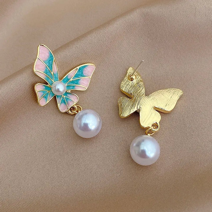 Gradient Blue Butterfly Pearl Drop Earrings